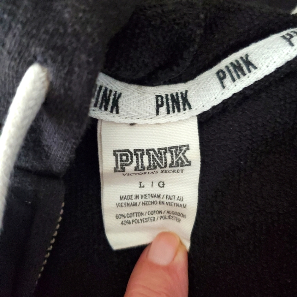 Victoria Secret PINK Womens L Black Fleece Full Zip Drawstring Hooded Jacket - Picture 7 of 9